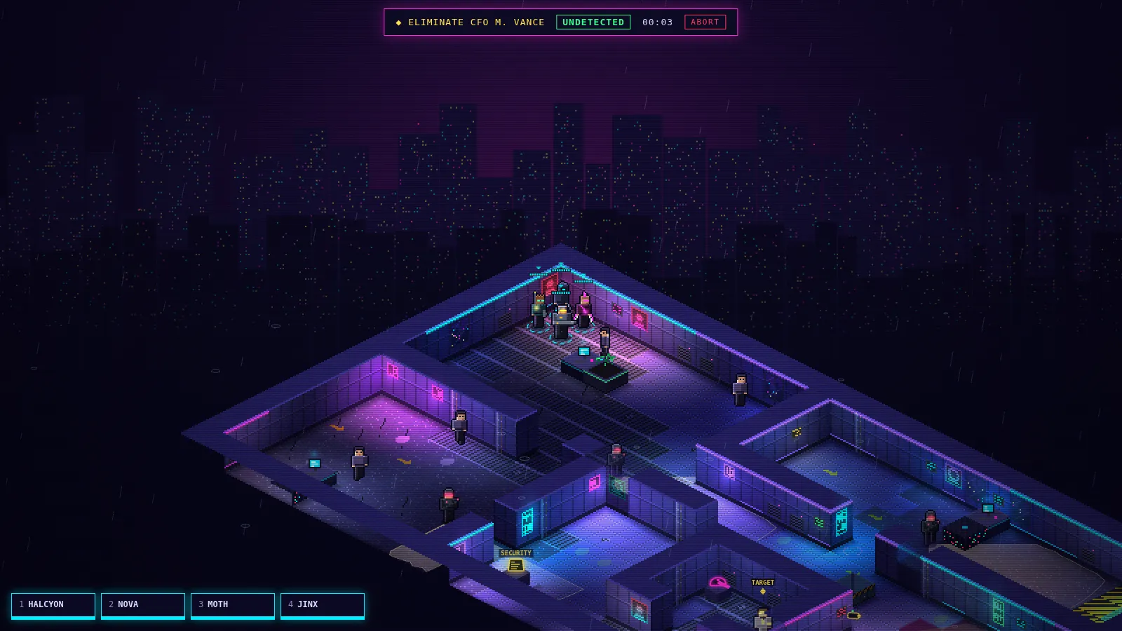 The Cabal in development: a four-agent squad on a neon-lit corporate floor, undetected, on a contract to eliminate a CFO.